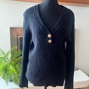 Elegant Lauren Jeans Company Black V-Neck Sweater with Gold Button Detail